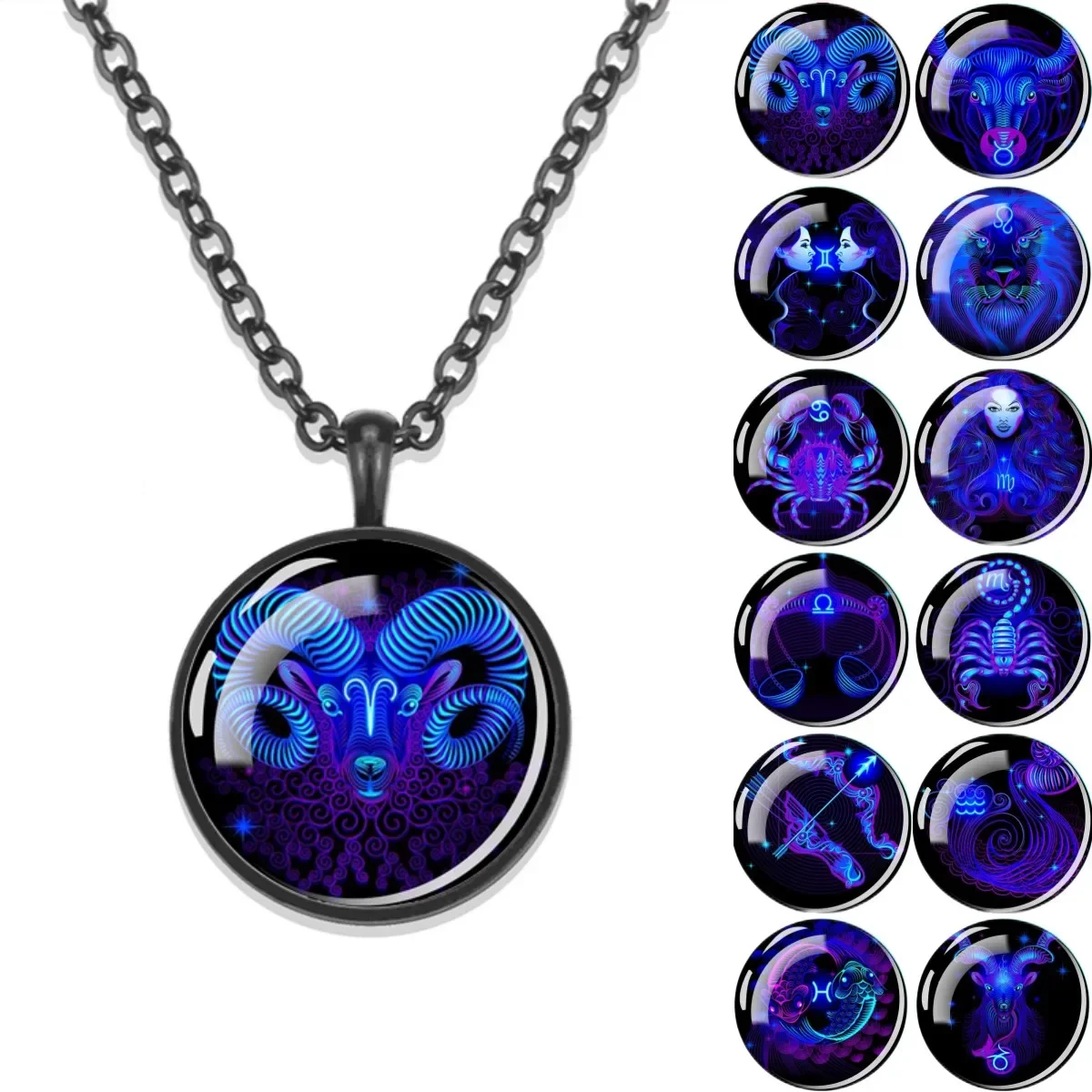 12 Constellation Pendant Black Alloy Necklace Aries Gemini Capricorn Virgo Sagittarius Pisces Pattern Pendant Constellation Gift