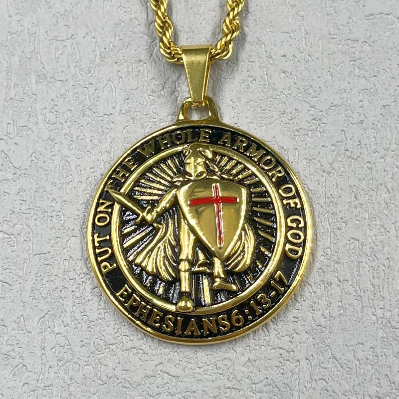 Men's Pendant Stainless Steel gold color Cross Red Armor Shield Knight Templar Crusader Cross Necklace Punk Jewelry image 2