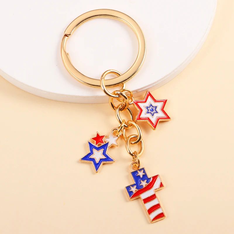 Hot Selling USA Flag Cross Heart Star Keychain America Pop Patriotism Keyrings For Women Men Car Key Bags Decor Party DIY Gifts