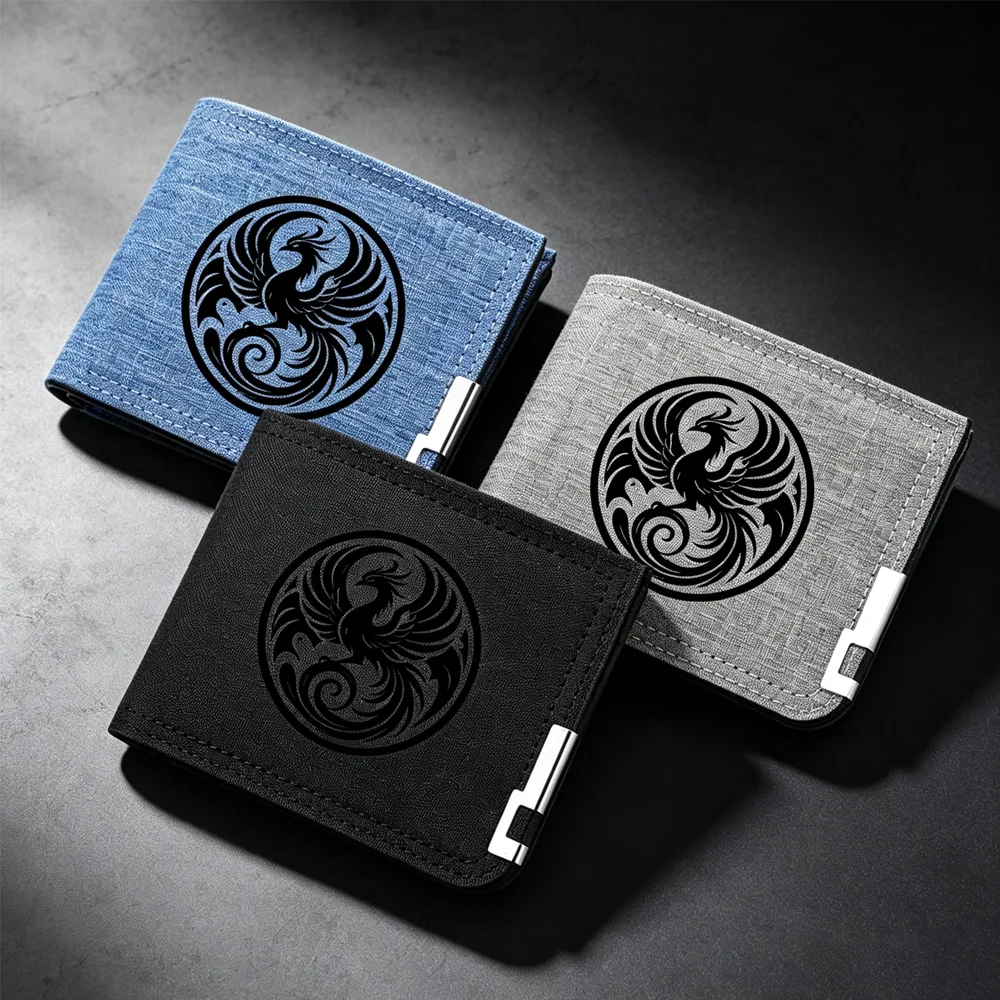 Casual Canvas Men Wallet Black Phoenix Totem Pattern Short Fold Purse Portable Credit Card ID Holder Wallet