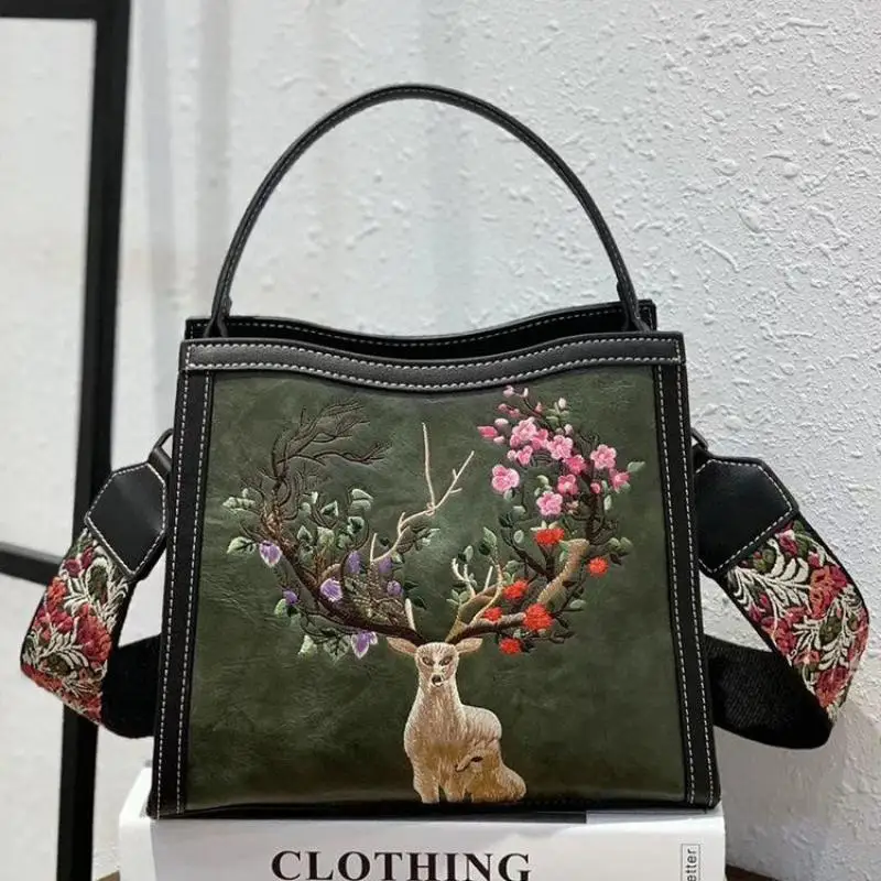 Johnature Women Bag 2024 New Chinese Style Embroidery Handbag Large Capacity Handmade Retro Leather  Shoulder & Crossbody Bags