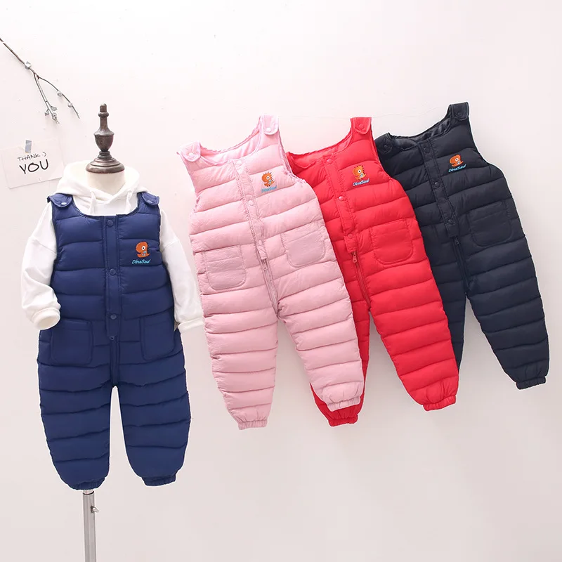 Children's Down Cotton Jumpsuit Strap Pants Solid Color Kids Warm Thicken add Velvet Overalls Pants for Girls Boys Clothing