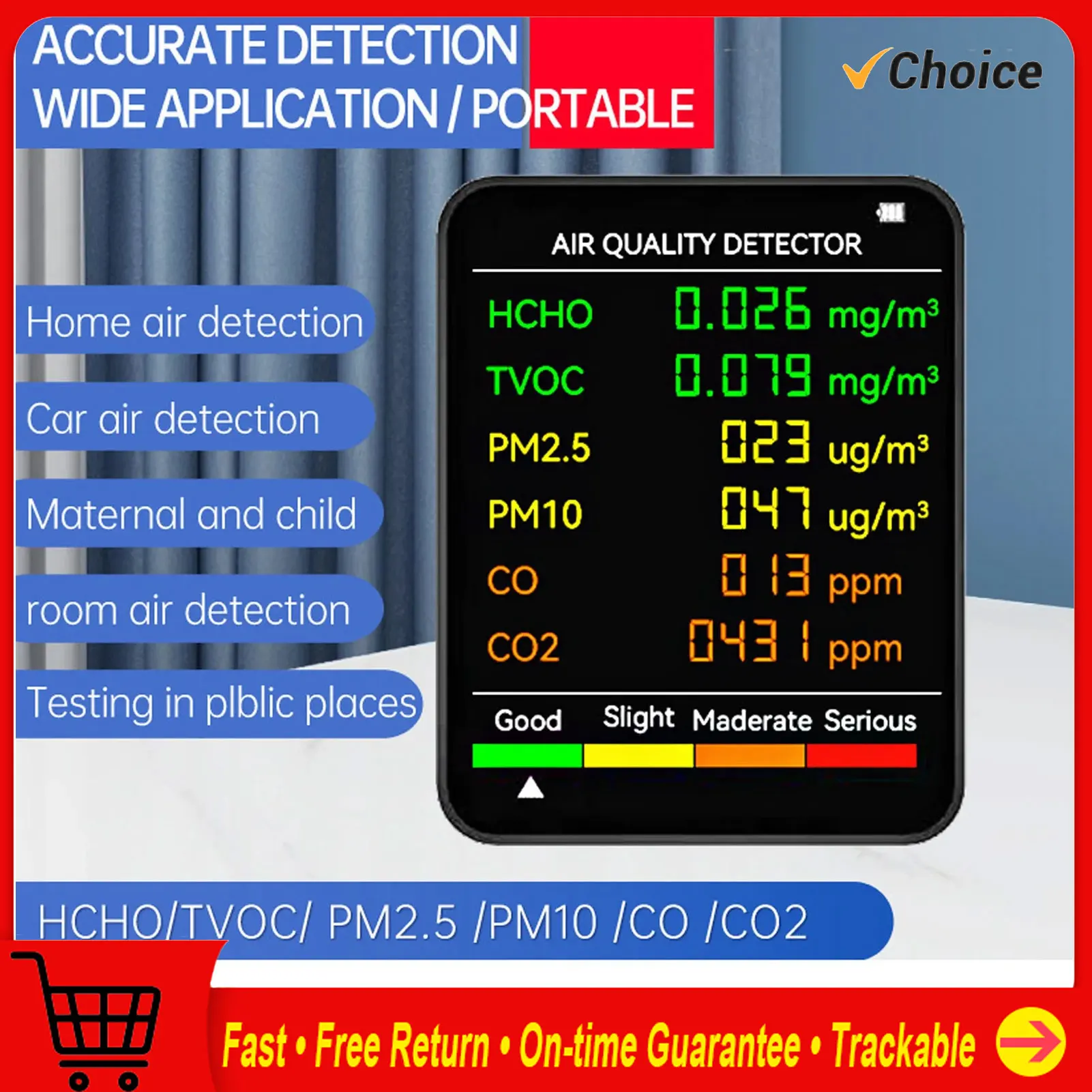 

Монитор качества воздуха Портативный ЖК-экран с подсветкой CO2 TVOC HCHO PM2.5 PM10 Детектор с сигнализацией Тестер качества воздуха Монитор воздуха