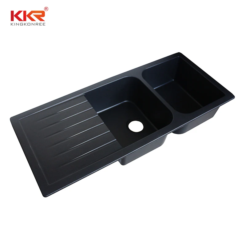 Kkr Black Artificial Stone Quartz Double Bowl Undermount Kitchen Sink