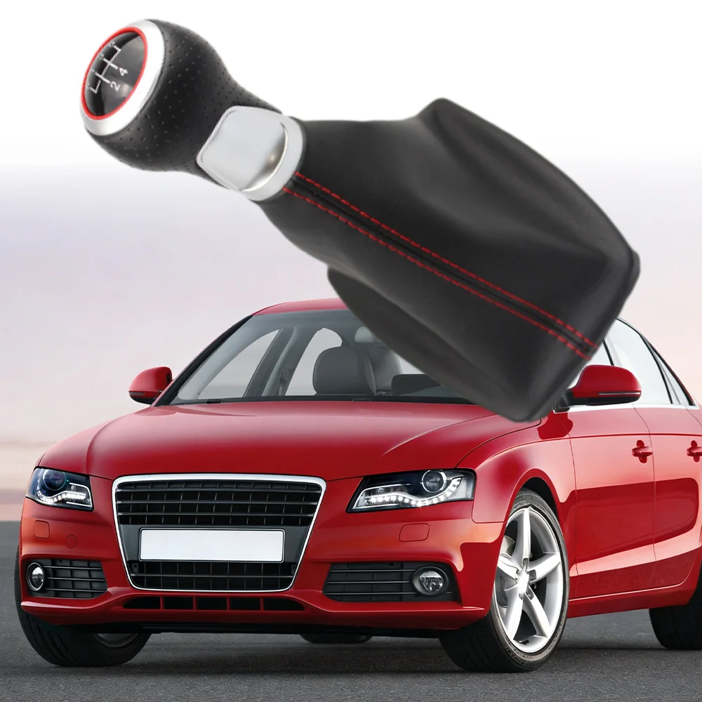 6 Speed Gear Shift Knob with Leather Gaiter Boot for Audi A4 S4 B8 8K A5 8T Q5 8R S-Line 2007-2015 12mm Black Red Interior