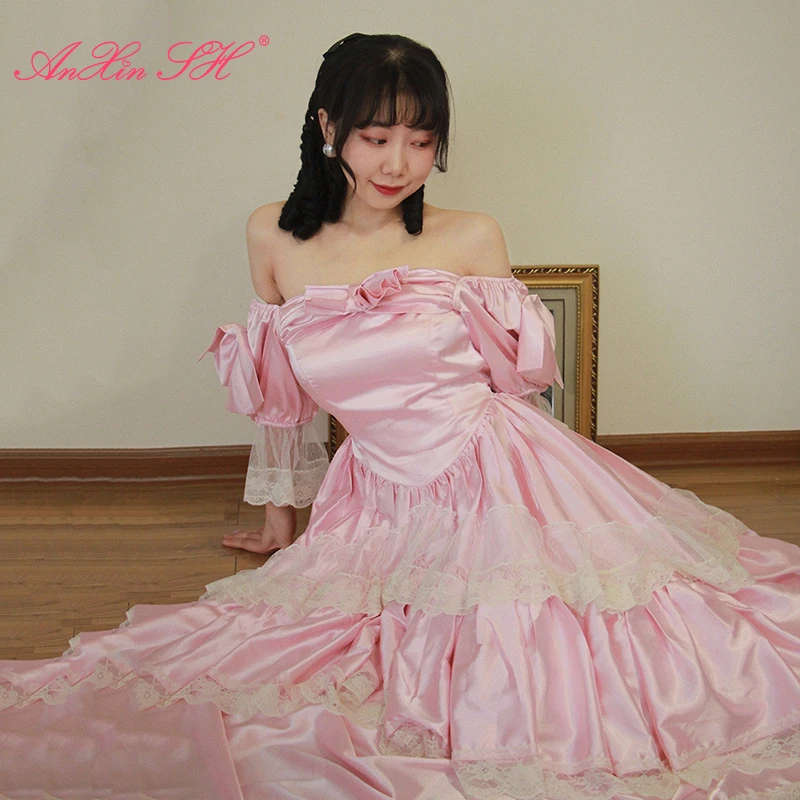 

AnXin SH vintage princess pink satin white flower lace boat neck puff sleeve beading bow zipper party a line evening dress