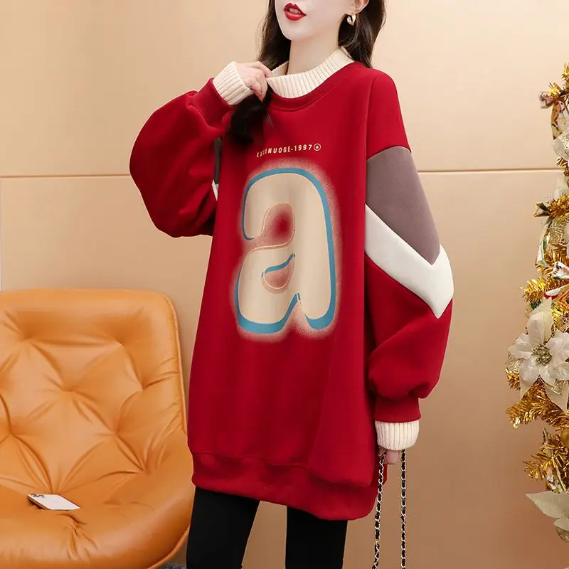 

Women's Autumn Winter Fashion Elegant Half High Neck Pullover Letter Casual Versatile Long Sleeve Loose Mid Length Sweatshirts