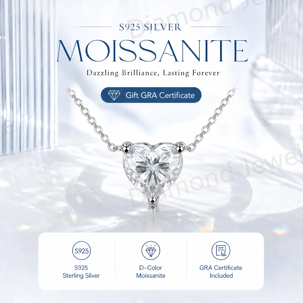 Princess Heat Shape Pendant With GRA Certificate S925 Silver Necklace Sparkling D VVS Moissanite Necklavce for Women Gifts