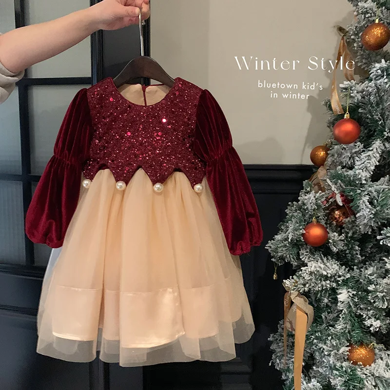 Girls' Velvet Dress, Children's 2025 New Stylish Winter Princess Beautiful Baby's One Year Old Red Dress
