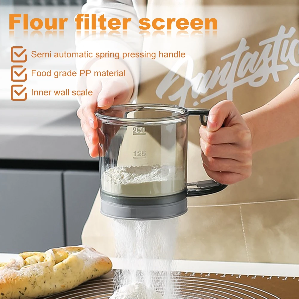 

Kitchen Flour Sifter New Handheld Semi-automatic Sugar Sieve Tool with Measuring Scale Flour Powder Shaker Kitchen Baking Tool