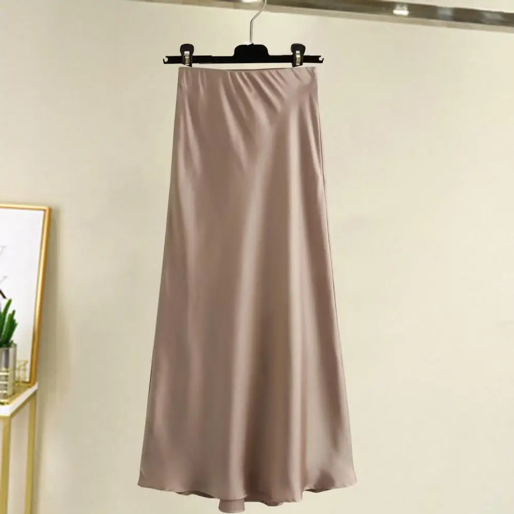 Women Maxi Skirt High Waist Satin Solid Clolor Elastic A-line Slim Fit Soft Ankle Length Formal Party Prom Bodycon Skirt