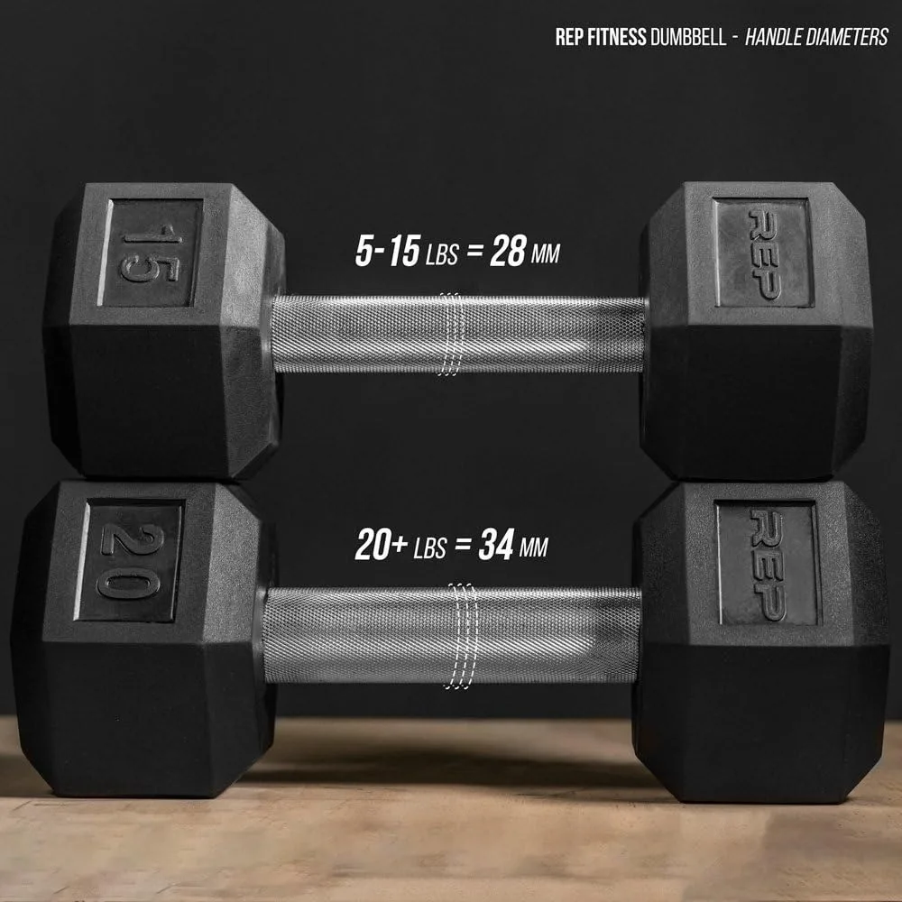 دمبل سداسي مطاطي من Rep Fitness - وحدات فردية أكثر من 55 رطلًا وأزواج من 5 إلى 50 جنيهًا - رائحة منخفضة، قبضة مخرشة بالكامل
