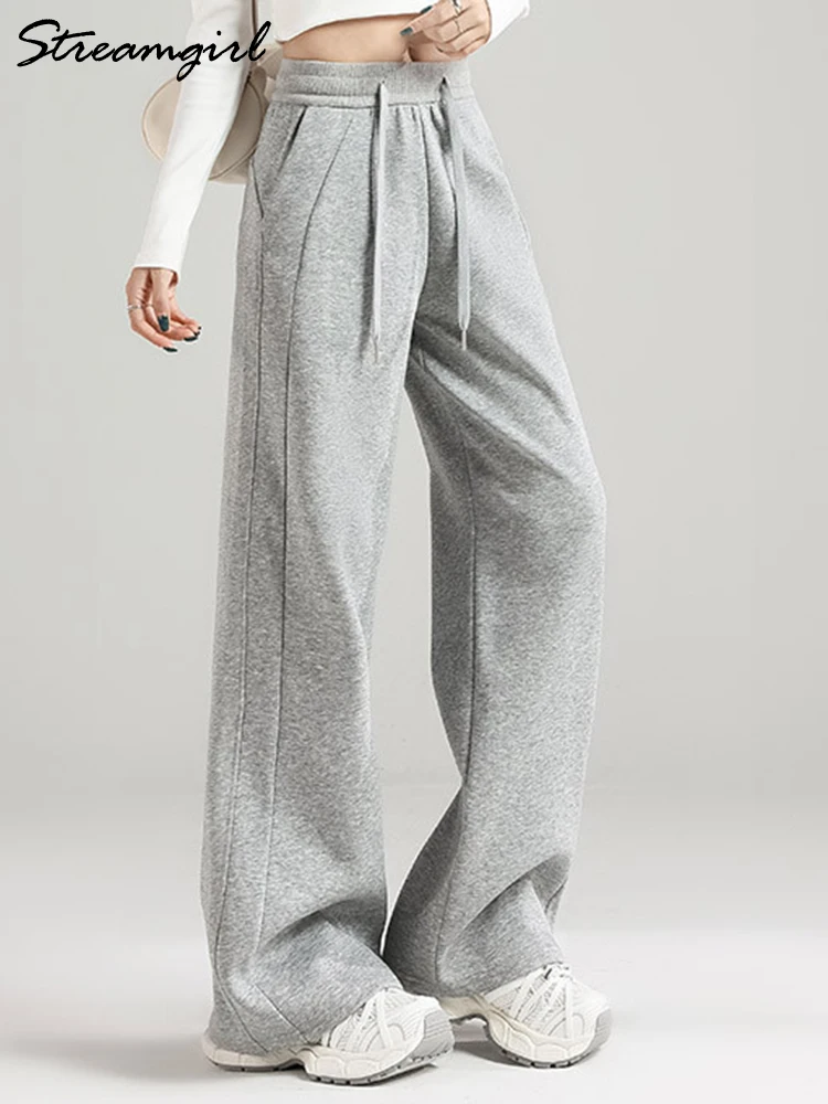 

Fleece Sweatpants For Women Winter High Waist Velvet Joggers Straight Trousers Female Black Autumn Woman Long Warm Pant Wide Leg