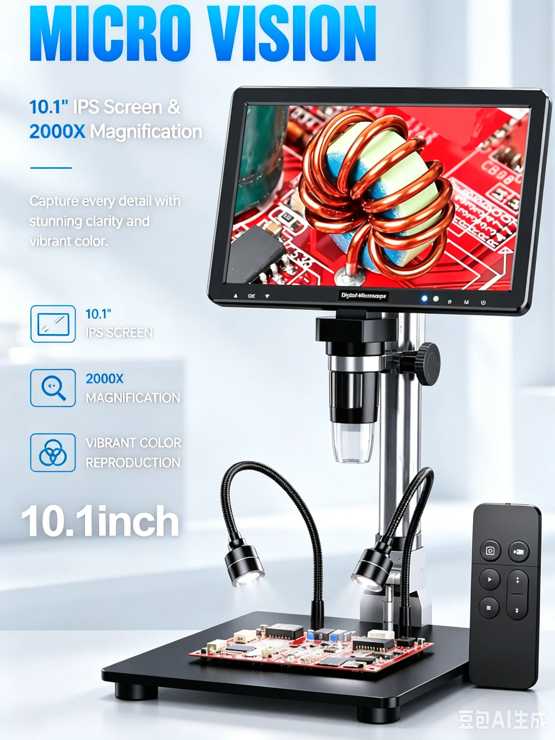 Cyfrowy mikroskop IPS 10,1 cala, 20 MP, 2000X, ultra-precyzyjne ustawianie ostrości, kamera z nagrywaniem wideo 1080P i nagrywaniem głosu, mikroskop cyfrowy HDMI, akumulator, 8 diod LED do — 2