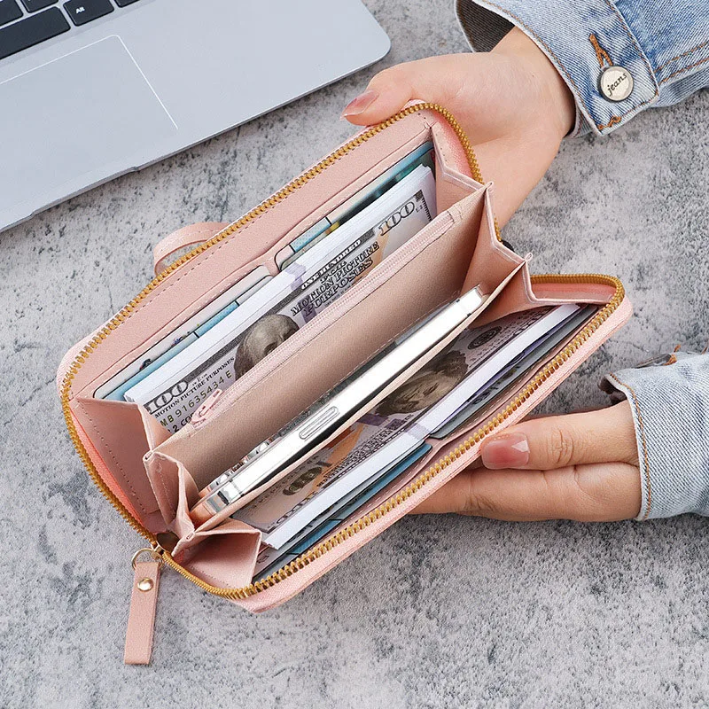 Women's Long Wallet Solid Color High end Simple Exquisite Unique Quality Zipper Wallet Office Phone Bag Large Capacity billetera