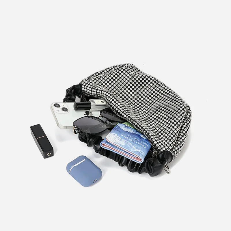 Dinner With Diamond Pleated Pu Handbag Summer Ladies Chain Full Diamond Oblique Span Rhinestone Bag Cartera De Fiestas Elegantes