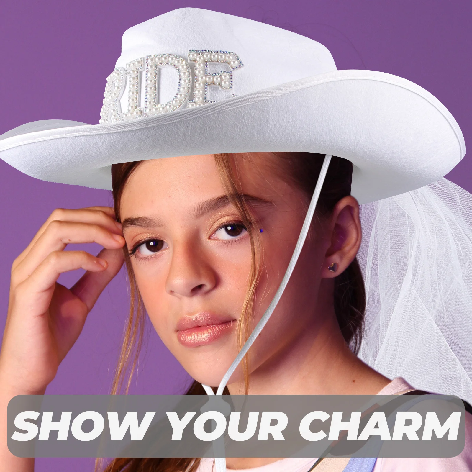 

Cowgirl Hat With Exquisite Rhinestone Veil Perfect For Bridal Celebrations