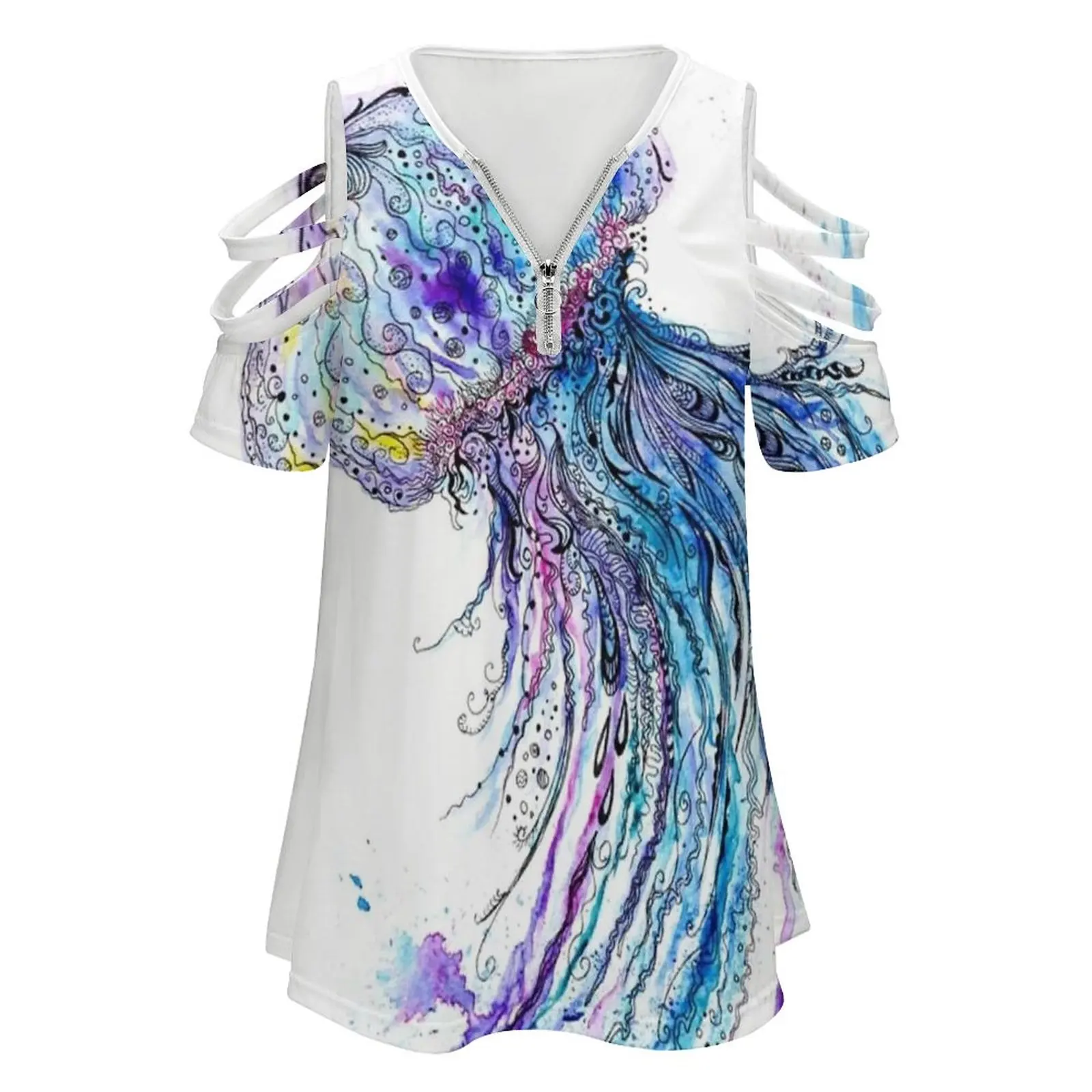 Jelly Fish Watercolor And Ink Painting Fashion Print Women Ladies Girls T-Shirt Harajuku Round Neck Short Sleeve Tops & Tees