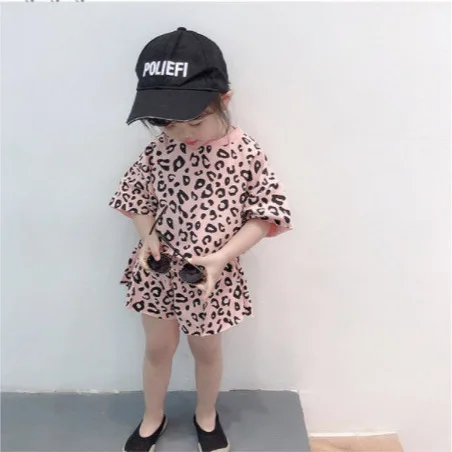 Girls Summer Suit Kids Clothes 2024 New Fashion Children Short-sleeved Shorts Casual Clothes Leopard Print Two-piece Set