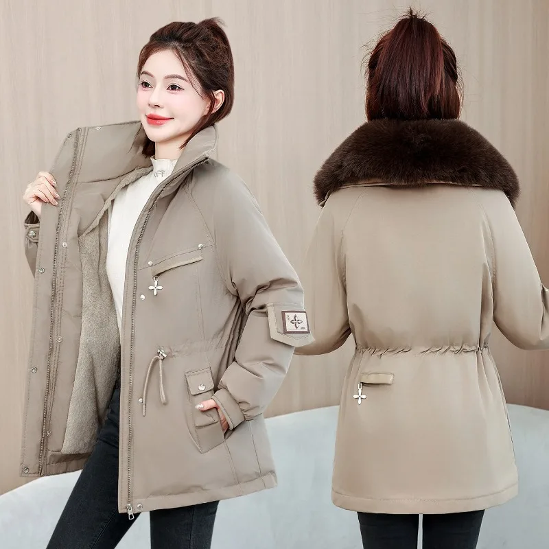 2026 New Women Winter Jacket Slim Mid Long Coat Casual Parkas Big Fur Collar Fleece Liner Outwear Female Snow Warm Cotton Coats