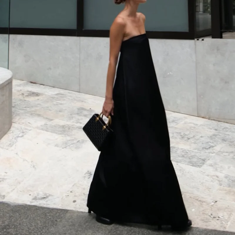 

Women's Fashion New Off-Shoulder Sexy Backless Tube Dress Satin Sleeveless Black Long Dress