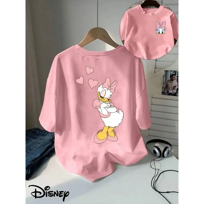 

Новая футболка с принтом Disney Daisy Duck, повседневный топ с короткими рукавами и круглым вырезом, женская свободная одежда большого размера, футболка унисекс для пар для девочек