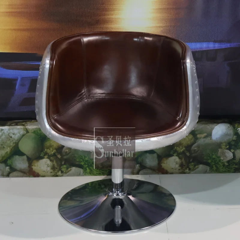 aviator chair brown genuine leather with metal aluminium back stainless steel round base swivel chair for pub coffee restaurant