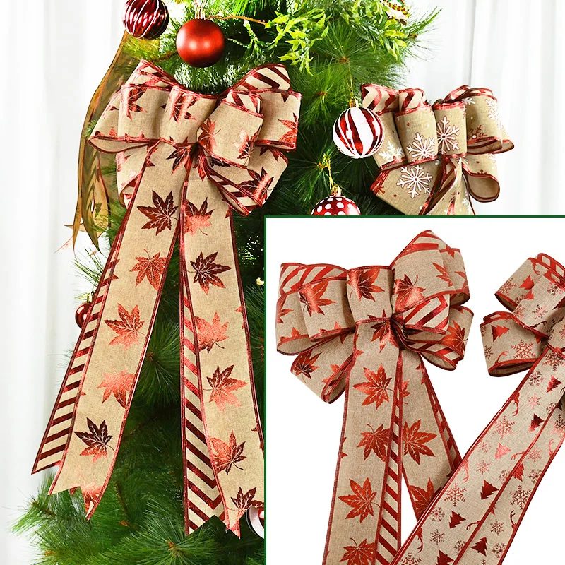 

1pc 54*25cm Large Christmas Bows Snowflake Maple Leaves Linen Bowknot For Xms Tree Home Hanging Decoration New Year Noel Wreath
