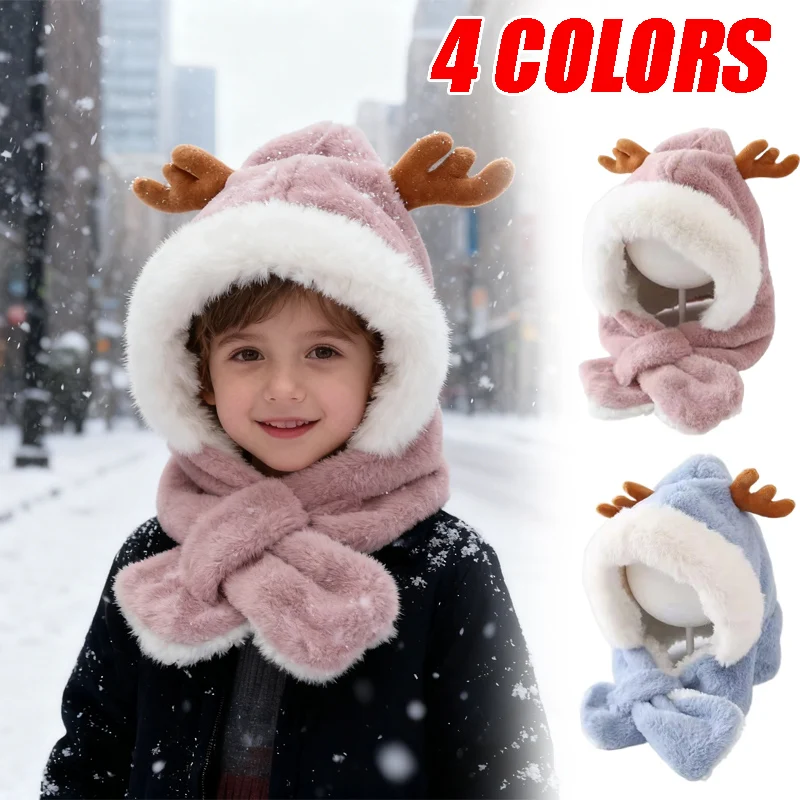 

Children’s Deer Antler 2-in-1 Set Convertible Hat Scarf with Windproof Design for Winter Warmth Ideal Kids Gift