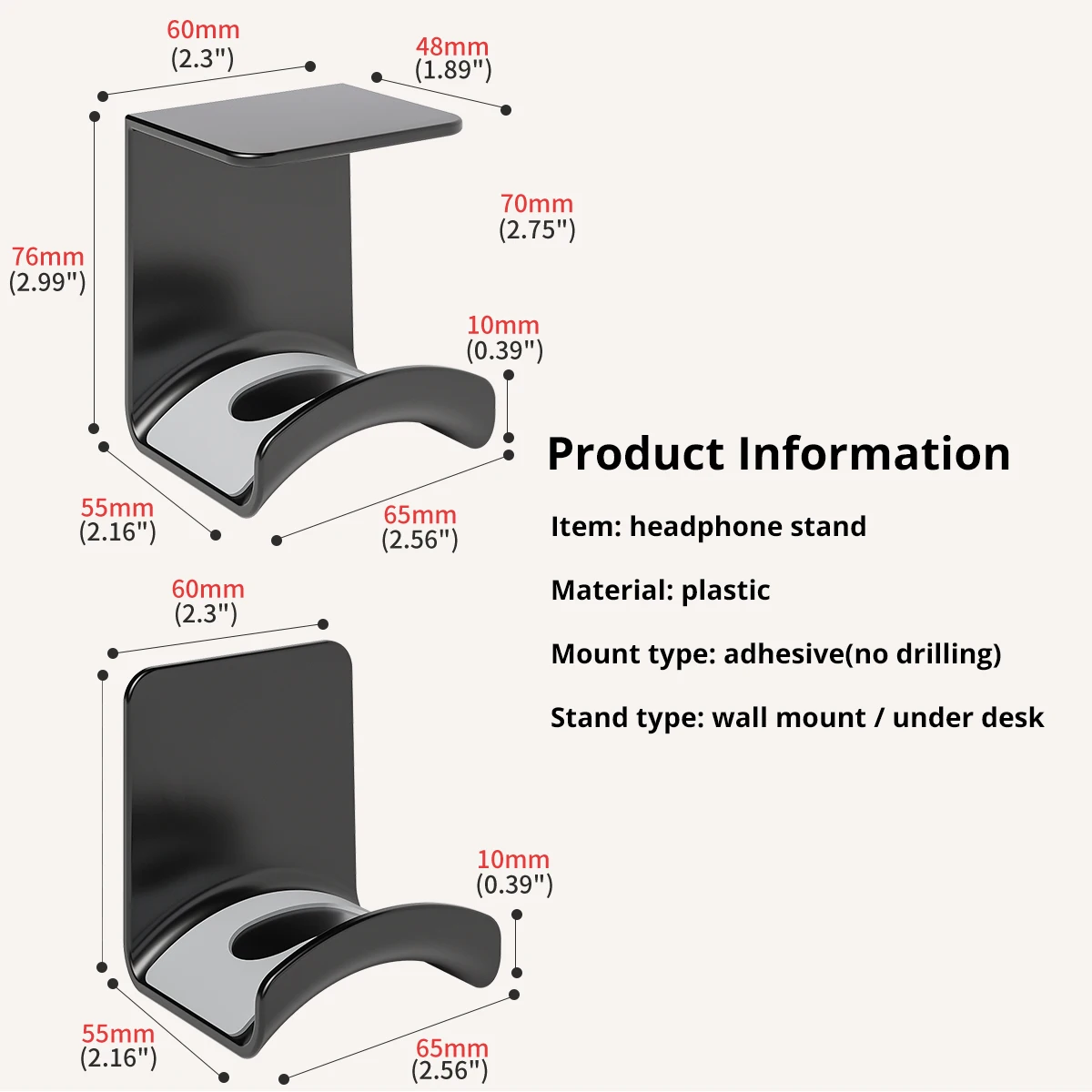 Wall montado Headphone Stand, economia de espaço sob a mesa, suporte do fone de ouvido, adesivo, sem gancho de perfuração, rack suporte plástico Universal