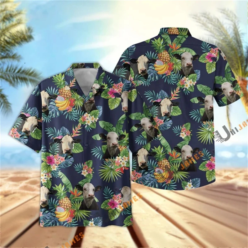 Animel-camisa con estampado 3D de vaca Hawaiana para hombre, Tops informales de manga corta con solapa de botones, alta calidad, moda de verano