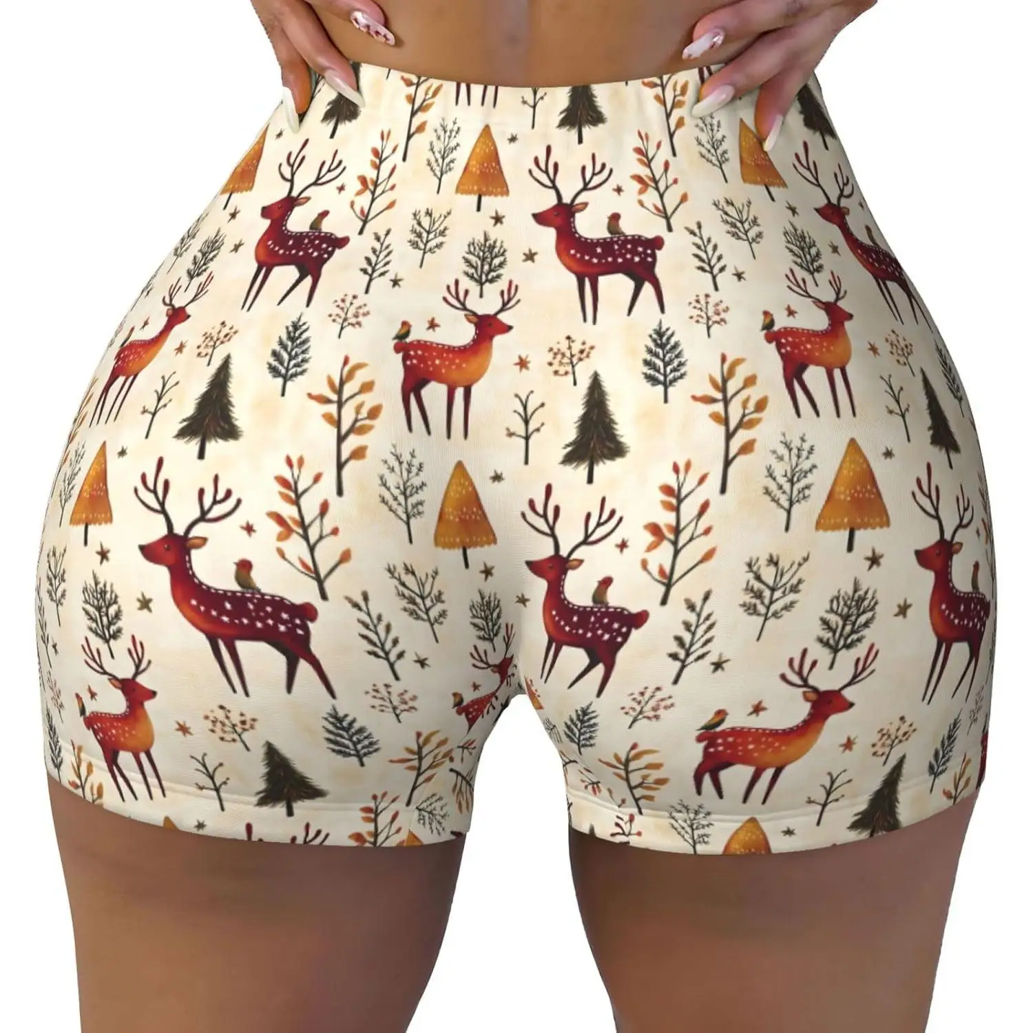 Nahtlose Workout-Shorts für Damen, Waldhirsch und Vögel, Aufdruck, Laufen, Biker, Fitnessstudio, Yoga, Spandex-Shorts für Damen