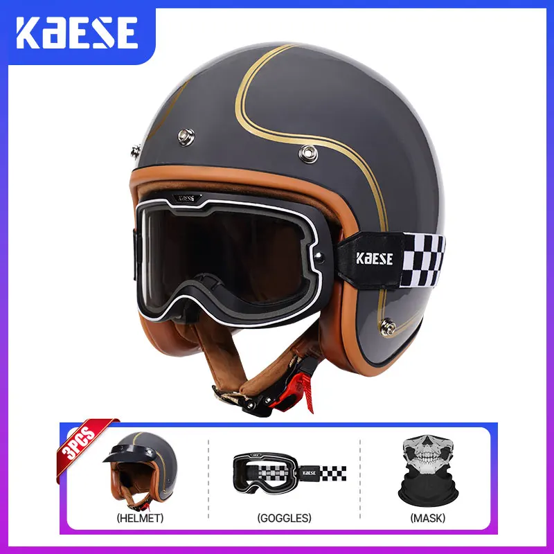 Vintage Open Face Motorcycle Helmet Retro Scooter Moped 3/4 Open Helmets DOT Approved Jet Helmet with Goggles Men Women