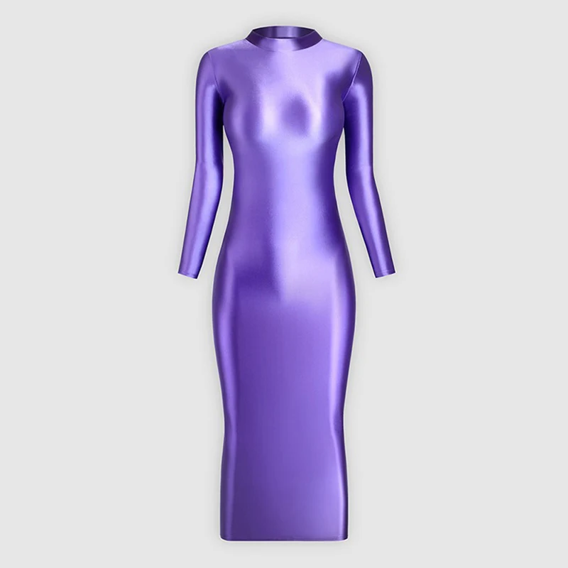 Women Glossy Shiny Buttocks Sexy Jumpsuit Elastic Silk Smooth Dress High Neck Long Sleeve Dancewear Night Club Party Costume