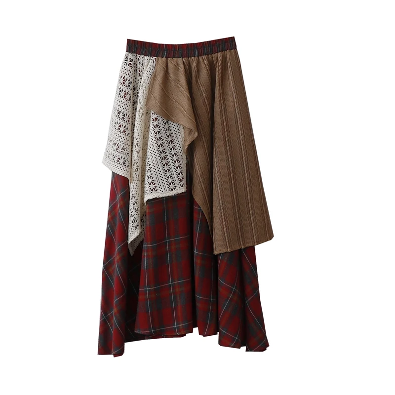 Y2K Irregular Lace Skirt Spring Wasteland Style Forest Retro Plaid Patchwork Long Skirt Fashion