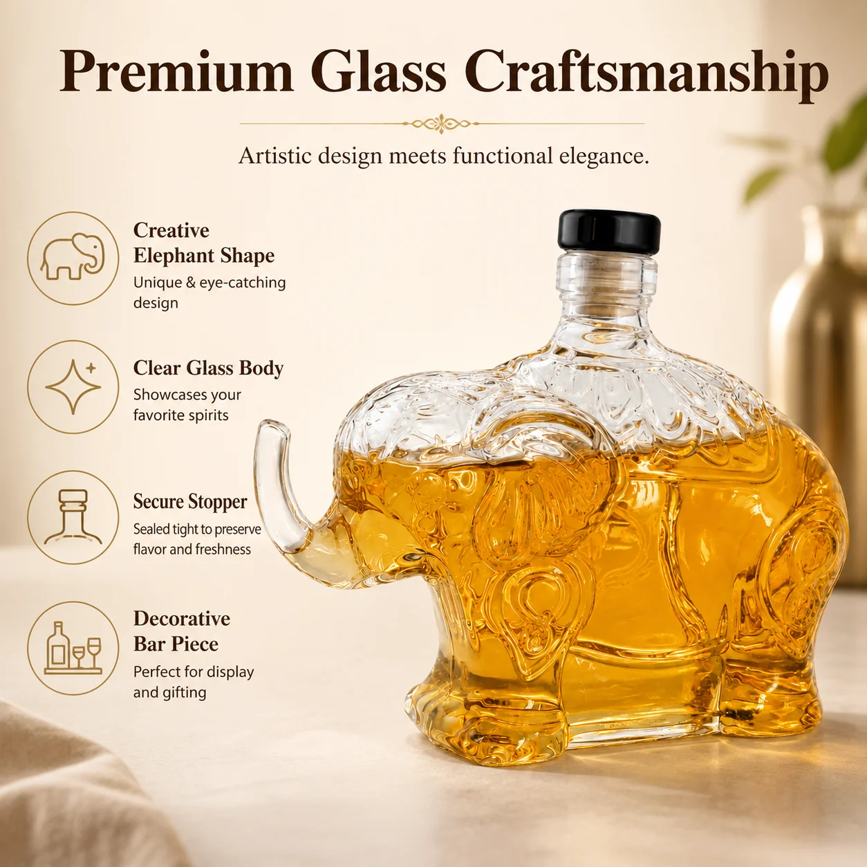 Vintage Elephant Glass Whiskey Decanter Clear Spirit Bottle for Brandy Vodka Rum Bar Cabinet Decoration