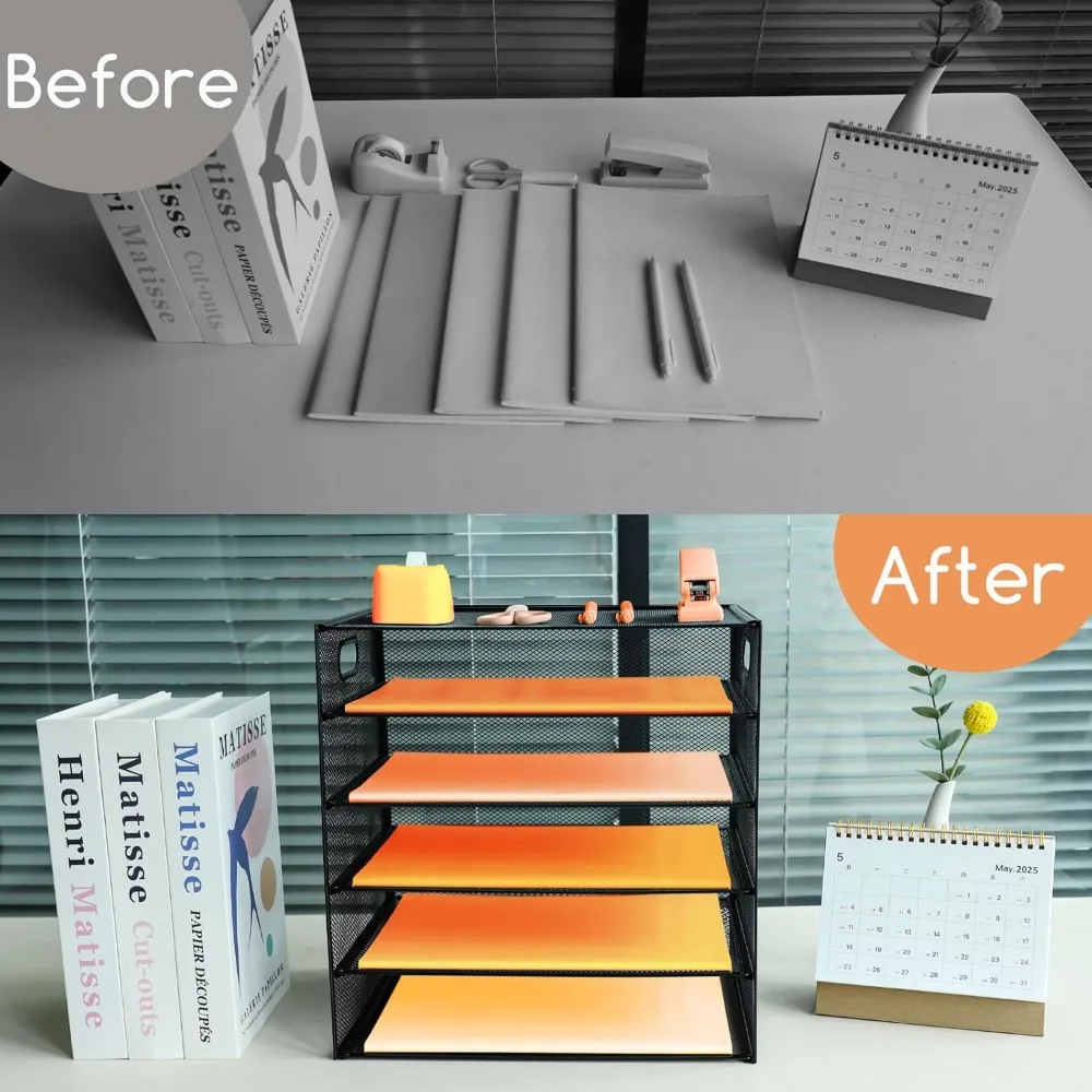 صينية حروف ورقية مكونة من 5 طبقات مع مقبض، منظم ملفات مكتب شبكي معدني مع صواني، صواني حفظ الملفات المكتبية الورقية مقاس A4، وثنائي المجلات