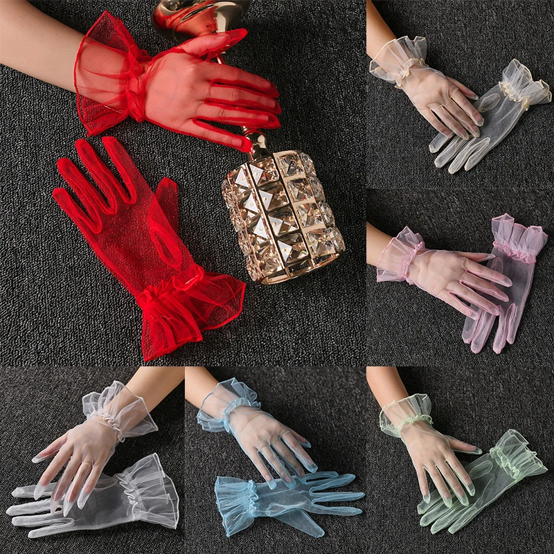 Women's Short Tulle Gloves Sexy Lace Full Finger Mittens Transparent Wedding Bridal Gloves Lady Driving Glove
