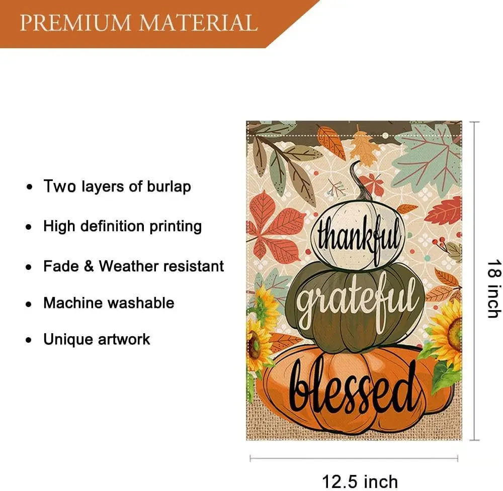 Welcome Fall Garden Flag 12.5 x 18 Inch Thankful Grateful Blessed Pumpkin Decorative House Yard Double Sided Flag for Autumn Tha