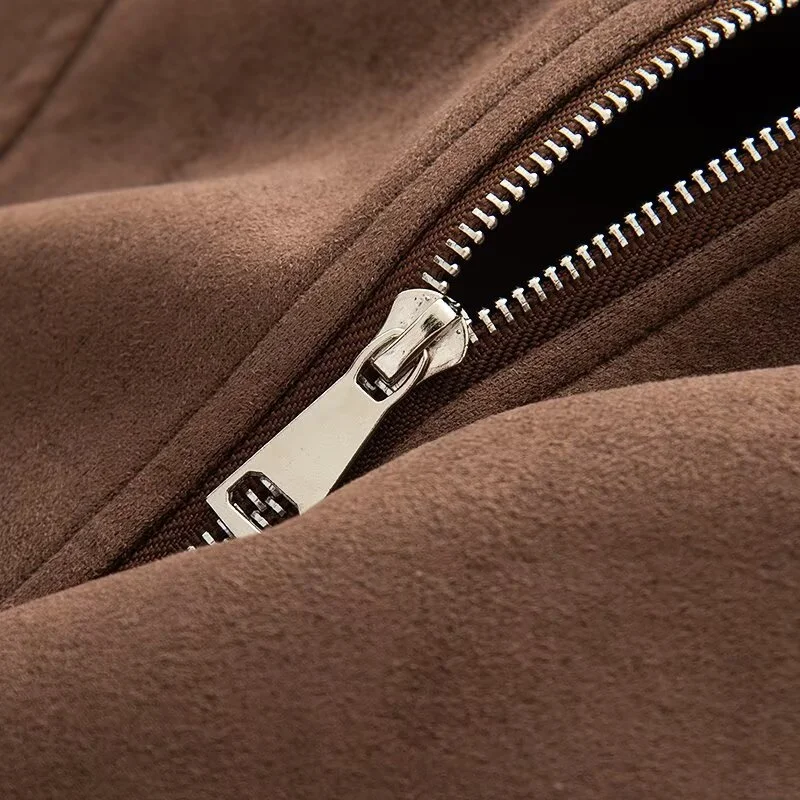 KEYANKETIAN 가을 겨울 신상 여성 의류 라펠 숄더 패치 불규칙 플래킷 벨트 루즈 스웨이드 재킷 여성 코트