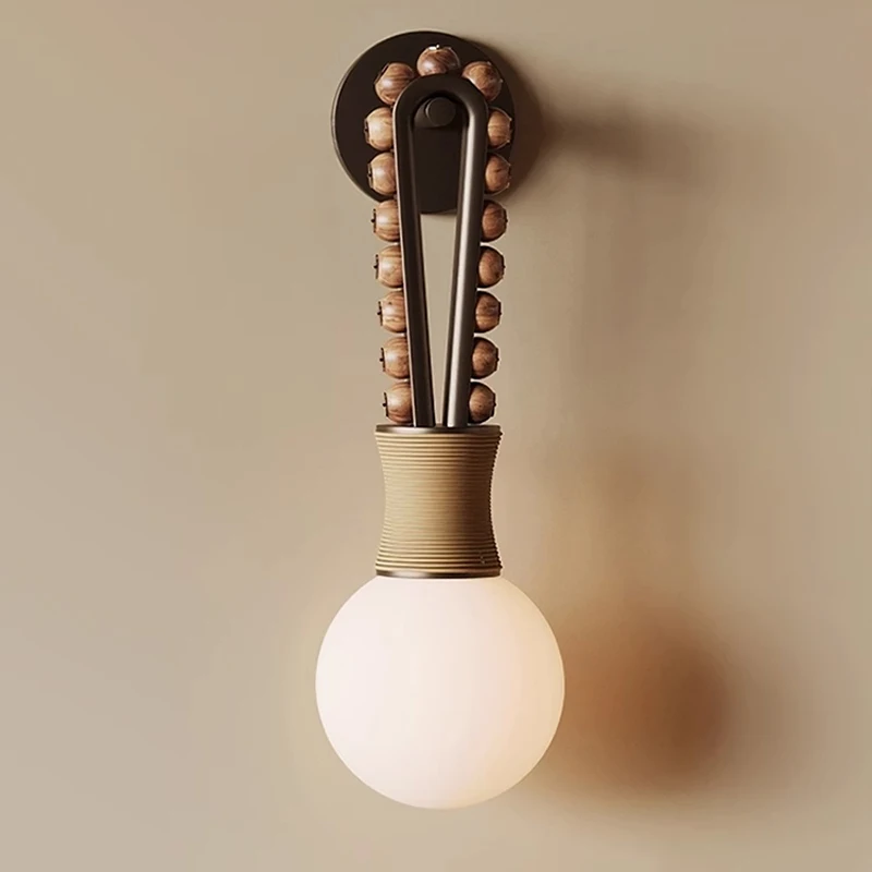 

Bauhaus White Glass Ball LED Wall Lamp Wooden Bead Light Moden Creative Living Room Bedroom Restaurant Corridor Iron Art Sconces