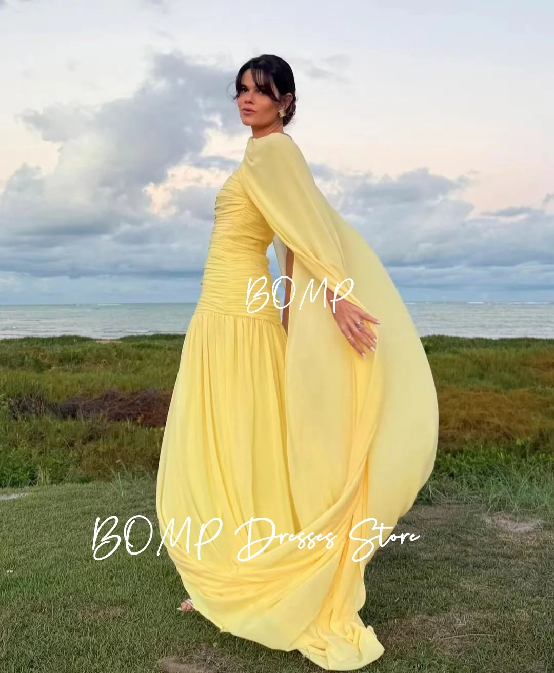 ZHIO Elegant Yellow Evening Dress with Jacket A-Line Pleat Floor Length Chiffon Saudi Arabic Formal Occasion Party Gown Custom