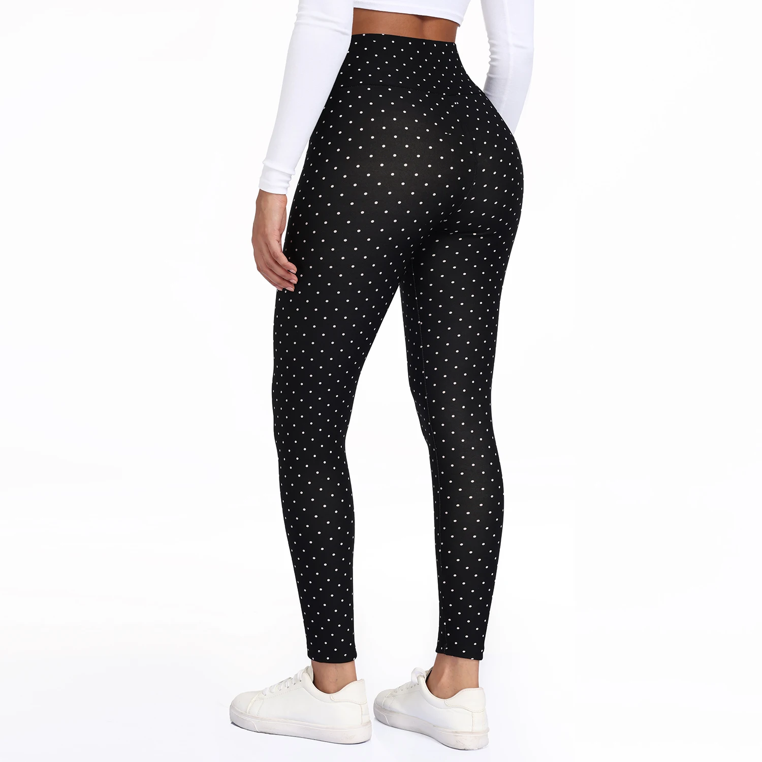  Women Velvet Pack Black White Small Polka Dot High Waist Leggings 4 Way Stretch Soft Breathable Slim Warm Pants For Yoga Sport