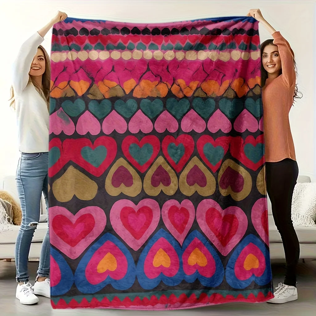 Comfortable Heart Pattern Fleece Blanket | Soft High-Definition Digital Print, Colorful Hearts Design, All-Season Family and