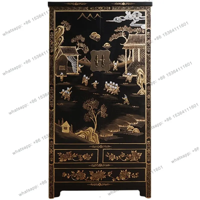 PG new Chinese solid wood retro bedroom double door storage high cabinet hand painted gold painted wardrobe vertical cabinet