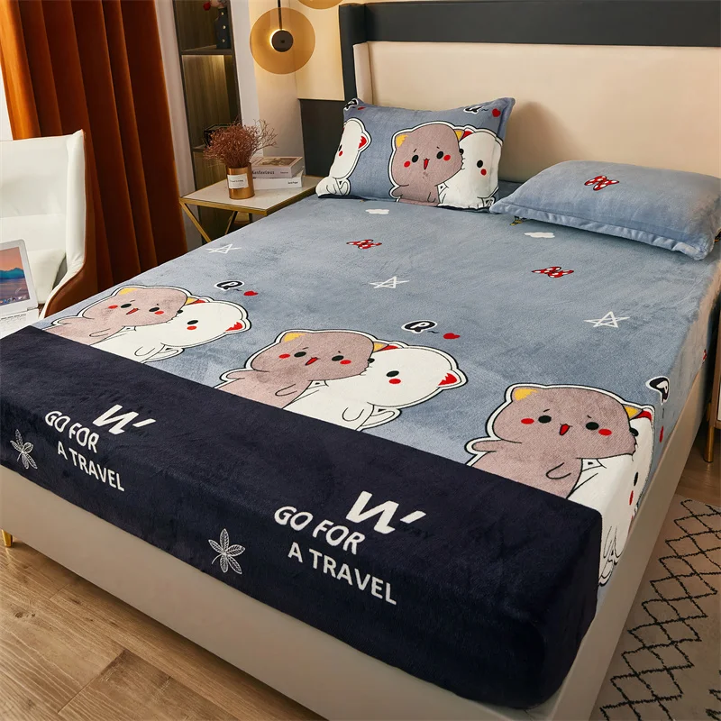 Cute Cats Fitted Sheet Queen Deep Pocket Bottom Sheets King Ultra Soft Fully Elasticized Mattress Cover Milk Velvet Bedding Set