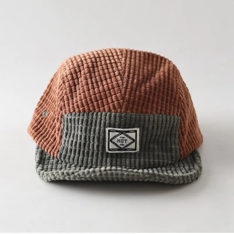 Neue Herbst- und Winter-Fünfteilige Farbblock-Cordhut mit Kurzer und Flacher Krempe für Männer und Frauen, Warme Vielseitige Baseballkappe – Detail 3