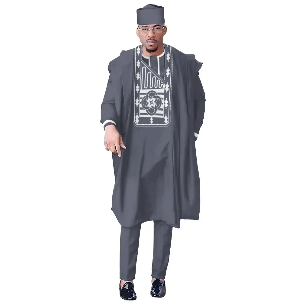 stock size African Men Dashiki Clothes Shirt Pants Suit Ankara Embroidery Long Sleeve Tops Trouser with Hat 4 PCS WYN1884