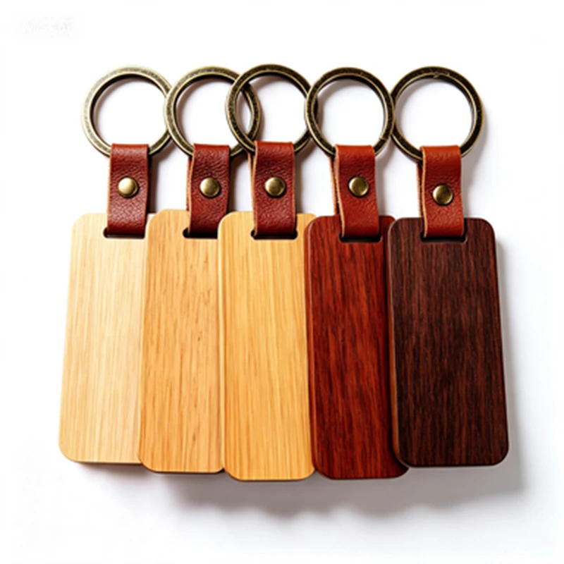 50Pcs Blank Wood Key Tags Rectangle Unfinished Wooden Keychains with Leather Loop & Metal Keyrings