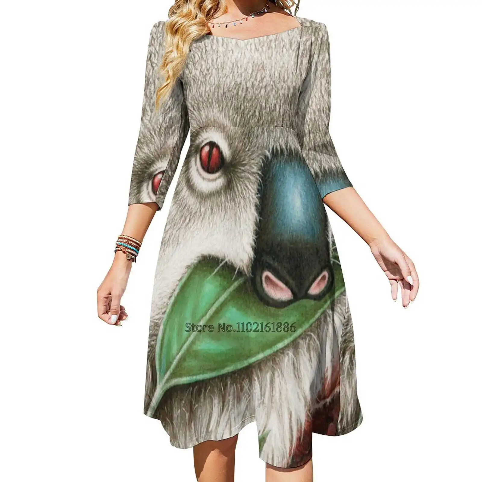 

Cute Koala Munching A Leaf Back Lacing Backless Dress Square Neck Dress Fashion Printed Dress 6Xl Wildlife Animal Koala